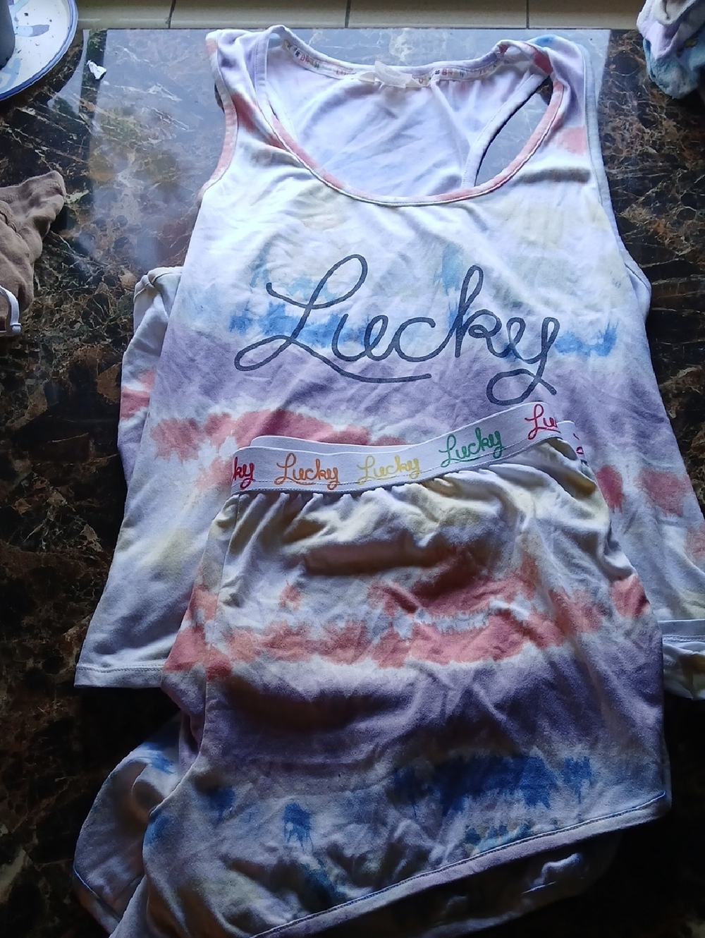 Lucky Brand Tie-Dye Tank Top & Shorts Set - Pastel Blue Pink Yellow